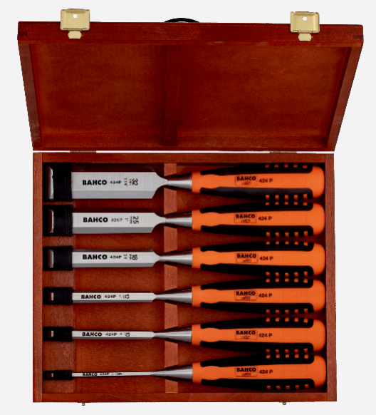 Bahco 424P-S6-EUR 6 Piece Rubberised Handle Chisel Set In Wooden Box 6-32mm