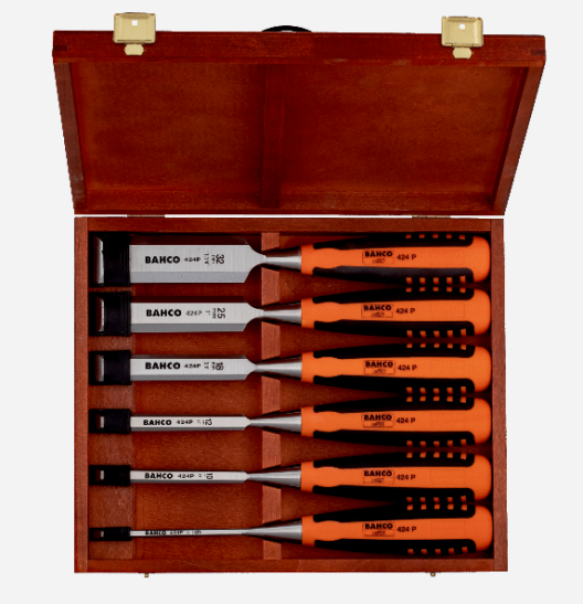 Bahco 424P-S8-EUR 8 Piece Rubberised Handle Chisel Set In Wooden Box 6-32mm