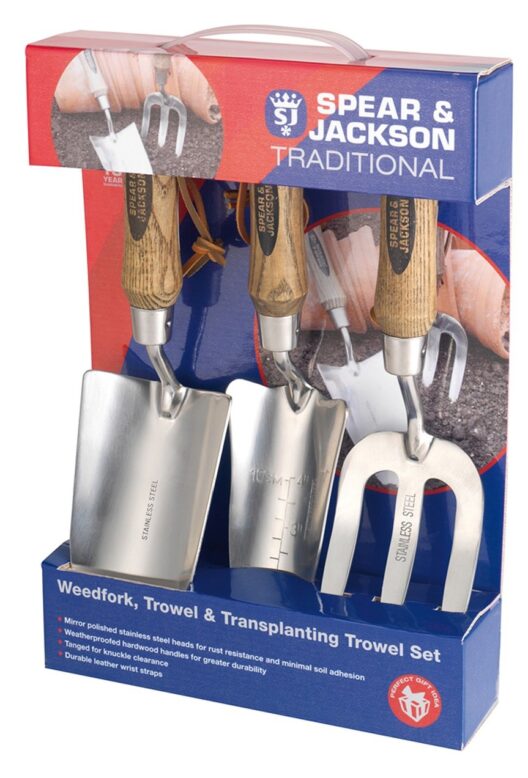Spear & Jackson TRAD3PS Traditional Stainless Trowel, Weed Fork and Transplanting Trowel Gardening Set